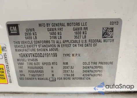 2013 GMC Acadia Denali z USA, uszkodzony, nr VIN 1GKKVTKD3DJ191199
